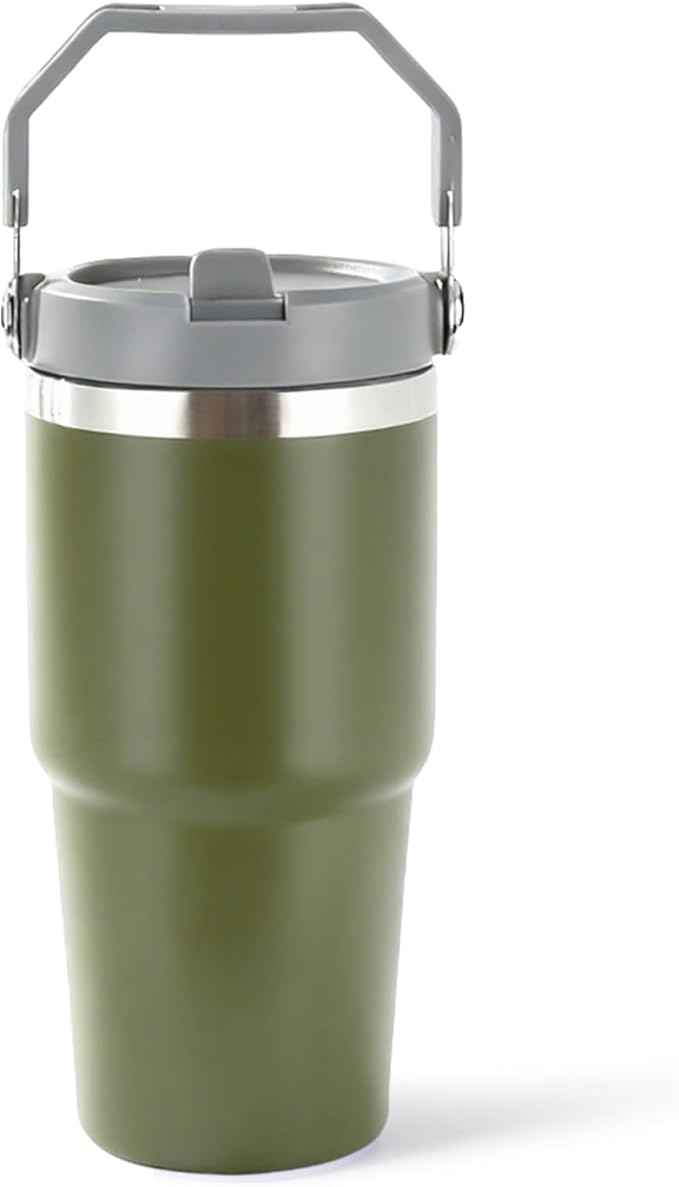 20 oz Tumbler with Handle, Insulated Tumbler with Lid and Flip Straw Leak Proof Double Wall Stainless Steel Vacuum Travel Coffee Mug Insulated Water Bottle Thermal Cup, Cupholder Friendly,Camp Green