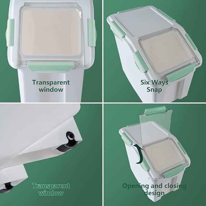 Saim Rice Container 25 lbs, Large Airtight Flour Storage Container with Wheels Measuring Cup, 2 Pack a Set BPA free Food Bin Grain Organizer Box for Dry Baking Supplies Kitchen Pantry Cereal (Green)
