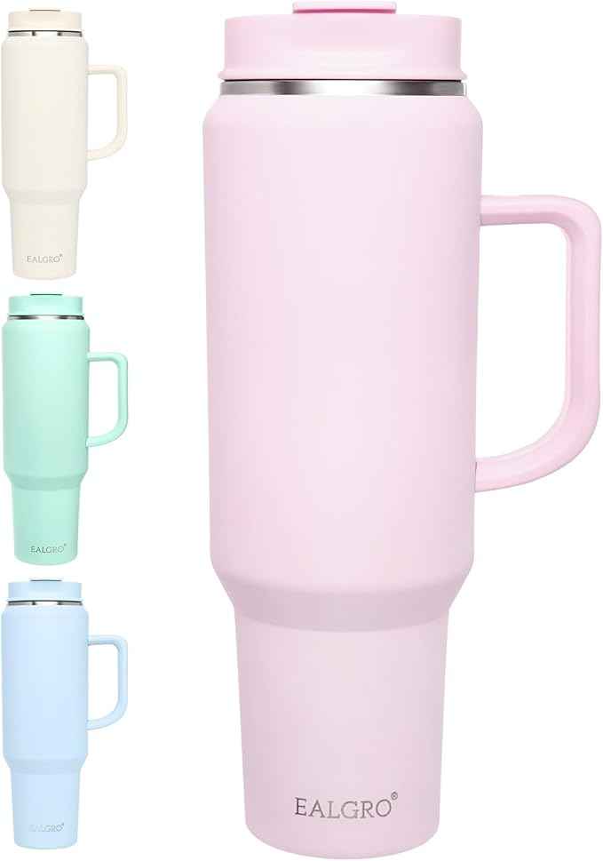 EALGRO 50 oz Tumbler with Handle, Insulated Tumblers with Lid and Straw, Large Metal Sports Water Bottle Jug, Thermal Stainless Steel Travel Coffee Mug Cup, Blush