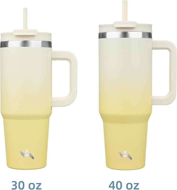 Konokyo 40 oz Tumbler with Handle and 2 Straws,2 in 1 Lid Insulated Water Bottle Stainless Steel Travel Coffee Mug,Lemon