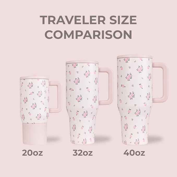 HydroJug Traveler - 32 oz Water Bottle with Handle & Flip Straw - Fits in Cup Holder, Leak Resistant Tumbler-Reusable Insulated Stainless Steel & Rubber Base - Gifts for Women & Men, Wildrose