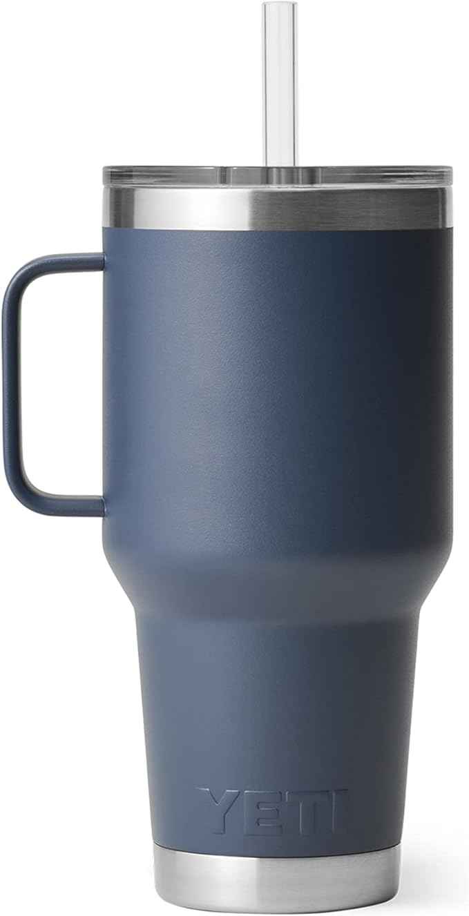 YETI Rambler 35 oz Tumbler with Handle and Straw Lid, Travel Mug Water Tumbler, Vacuum Insulated Cup with Handle, Stainless Steel, Navy