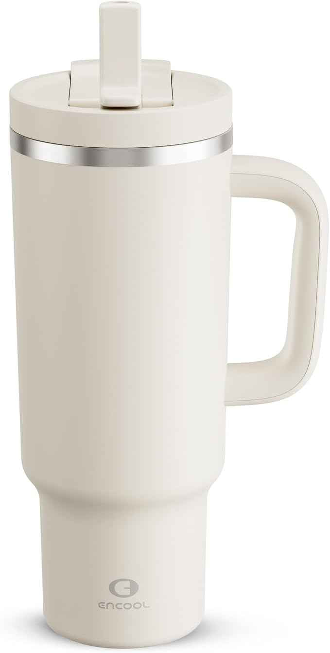 ENCOOL 40 oz Tumbler with Handle and Straw: Stainless Steel Insulated Tumbler Keeps Cold for 24 Hours, Leakproof Travel Cup Fits in Cup Holder and BPA-Free, Cream Moon