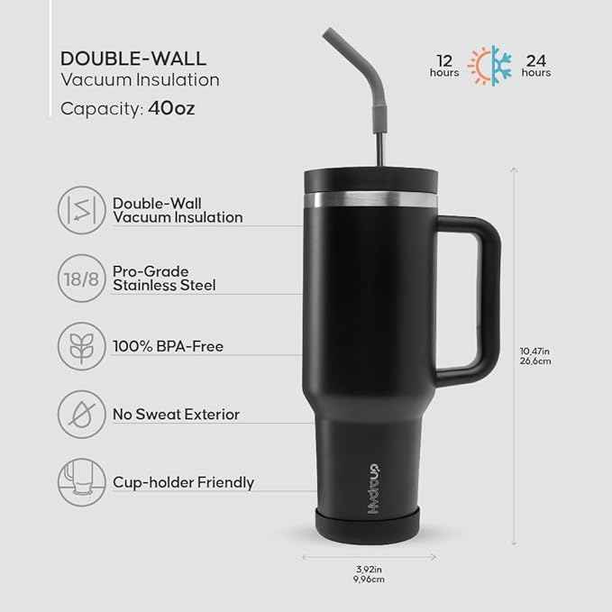 40oz Travel Tumbler Cup with Handle, Two-Way Slider Lid, Stainless Steel Straw with Silicone Tip, Vacuum Insulated Water Bottle for Hot & Cold Drinks, Great Gifts for Mom