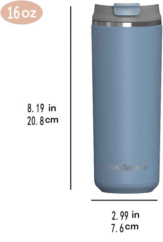 Travel Coffee Mug with Lid, 16 oz Insulated Tumbler, Leak Proof Stainless Steel Cup, for Hot Coffee, Iced Tea & Water, BPA Free, Car Cups Holder Friendly, Blue