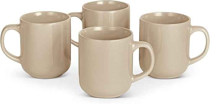 Amazon Basics Stoneware Coffee Mugs, 16 oz, 4-Piece Set, Gloss-Glazed, Stain-Resistant, Microwave, Freezer and Dishwasher-Safe, Linen Gray