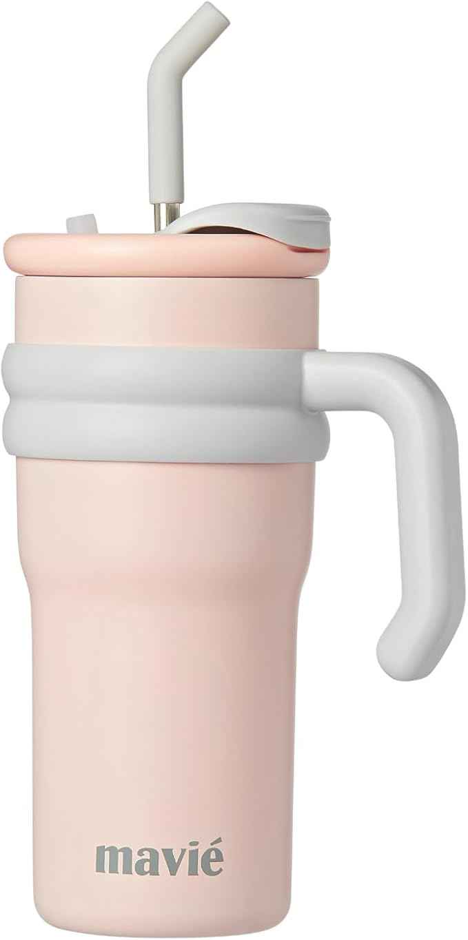 24oz Tumbler With Handle & Metal Straw + Silicone Cover & Sip Spout, Double Insulated Stainless Steel Water Bottle With Rubber Base, Leakproof Cup Holder Friendly Travel Coffee Mug (Light Pink)