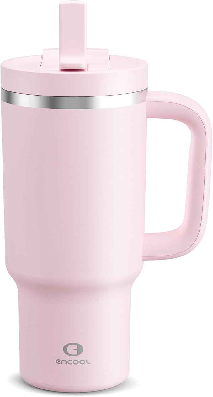 32 oz Tumbler with Handle and Straw: Stainless Steel Insulated Tumbler Keeps Cold for 24 Hours, Leakproof Travel Cup Fits in Cup Holder and BPA-Free, Cotton Candy