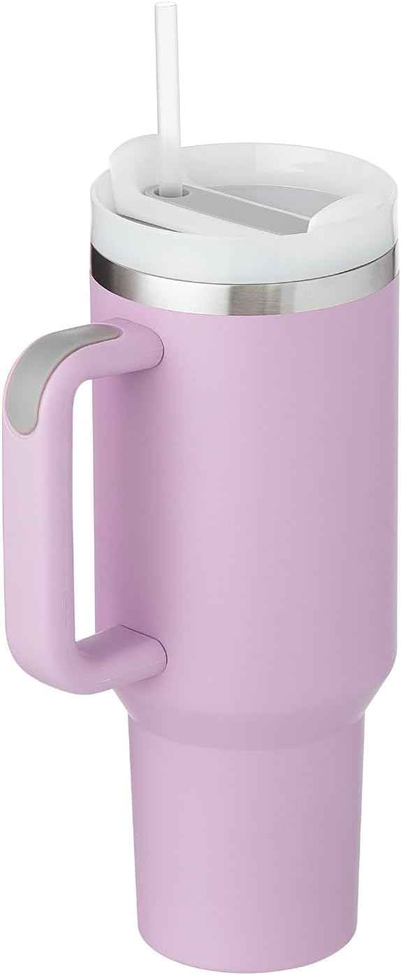 40oz Tumbler With Handle & Straw, Vacuum Insulated Stainless Steel Water Bottle With Leakproof Twist Sip Lid, Rubber Base, Dishwasher Safe, Cup Holder Friendly Travel Coffee Mug (Lilac)