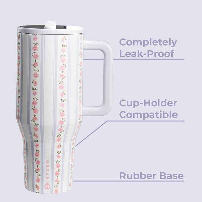 HydroJug Traveler - 32 oz Water Bottle with Handle & Flip Straw - Fits in Cup Holder, Leak Resistant Tumbler-Reusable Insulated Stainless Steel & Rubber Base - Gifts for Women & Men, Primrose