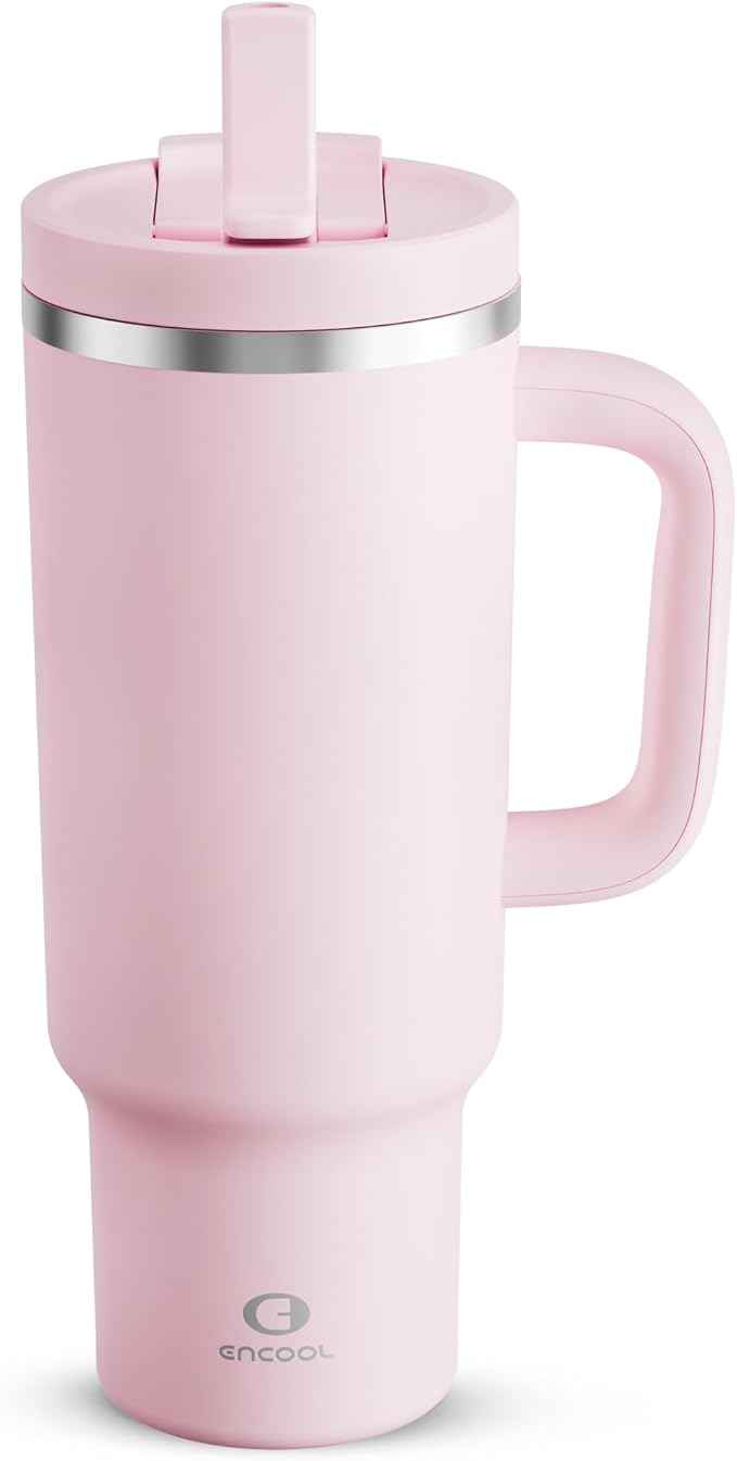 40 oz Tumbler with Handle and Straw: Stainless Steel Insulated Tumbler Keeps Cold for 24 Hours, Leakproof Travel Cup Fits in Cup Holder and BPA-Free, Cotton Candy