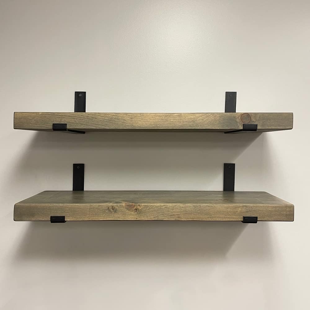 Rustic Shelves with J-Brackets Set of 2, Industrial Shelf, Kitchen Shelves, Solid Wood, Decorative Wall Storage, Heavy Duty, URBANDI (Grey, 12Wx8D)
