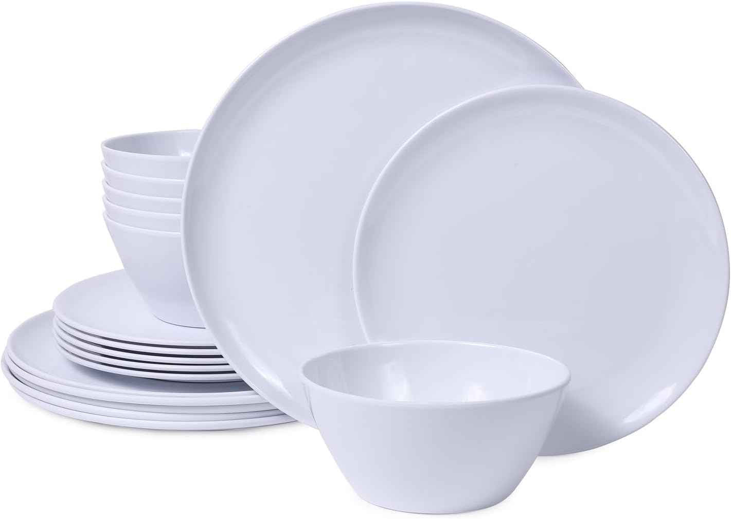 Melamine Dinnerware Sets,18-piece Melamine Plates and Bowls Set, Unbreakable Dishes Set for 6, Dishwasher Safe,Indoor and Outdoor Use,Lightweight,White