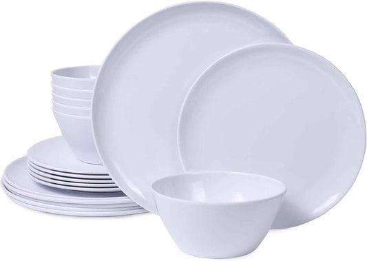 Melamine Dinnerware Sets,18-piece Melamine Plates and Bowls Set, Unbreakable Dishes Set for 6, Dishwasher Safe,Indoor and Outdoor Use,Lightweight,White