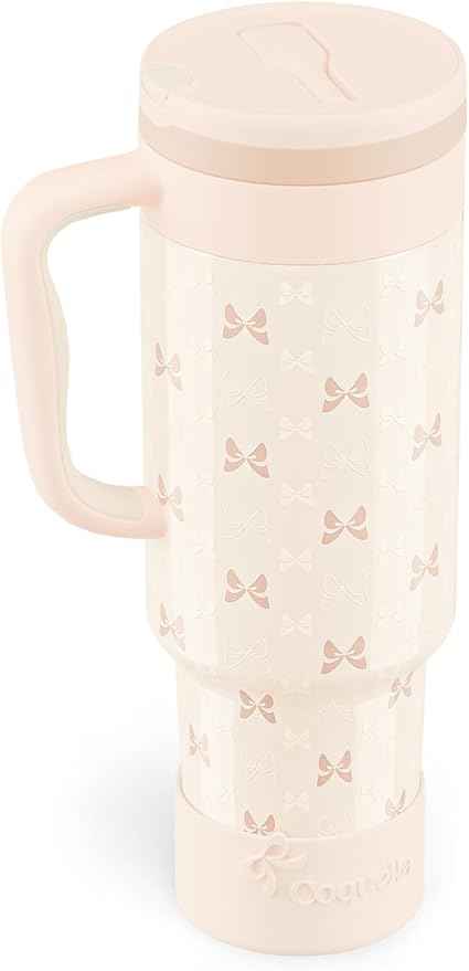 40 oz Insulated Tumbler with Handle and Push-Button Straw Lid, Stainless Steel Travel Cup for Gym Office, Leakproof, BPA-Free, Cup Holder Friendly, Bow Silicone Boot, Cream (Bow Cream)