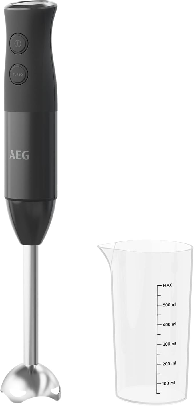 AEG HB4-1-4GG Hand Blender, Power 600 W, 2 Speeds Turbo Function, Includes 0.6 L Cup with Measuring Cup, Dishwasher Safe Cup, BPA-Free, Black