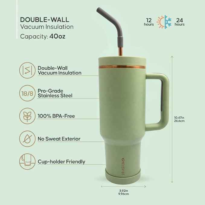 40oz Travel Tumbler Cup with Handle, Two-Way Slider Lid, Stainless Steel Straw with Silicone Tip, Vacuum Insulated Water Bottle for Hot & Cold Drinks, Great Gifts for Mom (Green Gold)