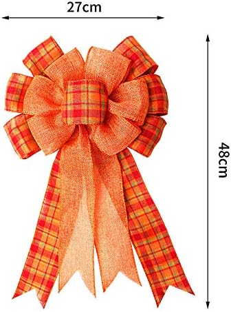 Iceyyyy Extra Large Fall Wreath Gift Bow -18.8x10.6inch Orange Buffalo Plaid Check Wreath Bow Swag Bow Thanksgiving Wreath Pre-Tied Bow For Fall, Thanksgiving, Christmas, Home Indoor Outdoor Ornaments