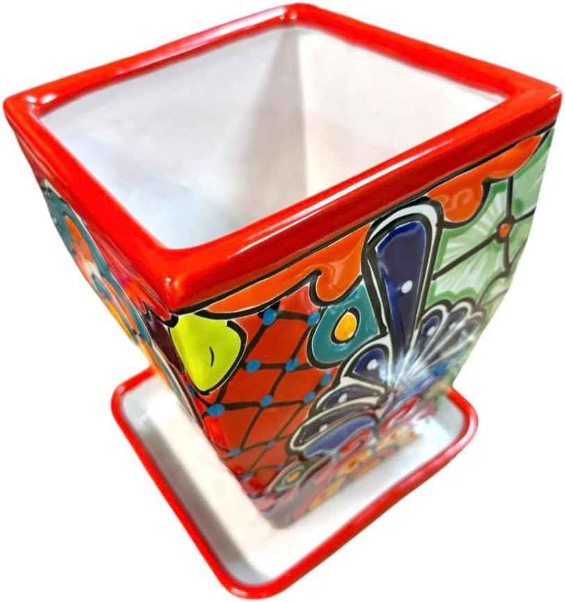 Talavera Tapered Square Planter Pot Folk Art Multicolor Mexican Pottery Home Decor Hand Painted Handmade Indoor Outdoor 9" (Multi 6)
