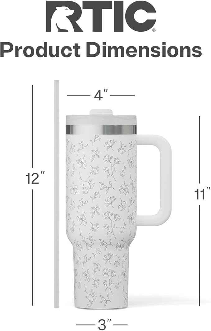 RTIC 40 oz Road Trip Tumbler Double-Walled Cermaic Lined Insulated Stainless Steel Portable Travel Coffee Mug Cup with Lid, Handle and Straw, White Magnolias