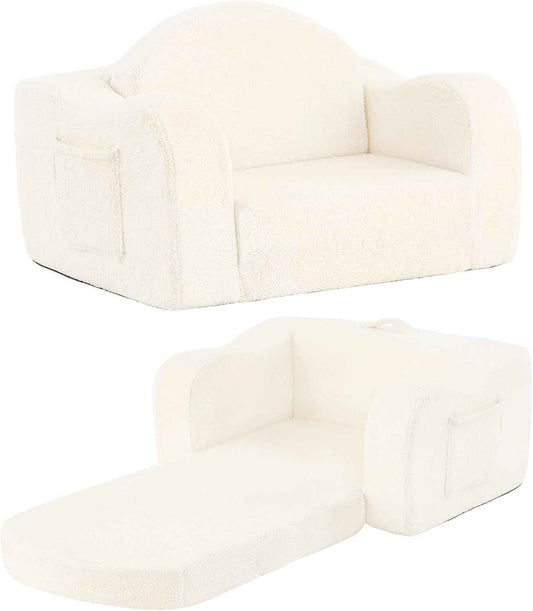 Tiita Kids Chairs for Toddler, 2-in-1 Toddler Soft Sherpa Couch Fold Out, Convertible Sofa to Lounger for Girls and Boys, Beige