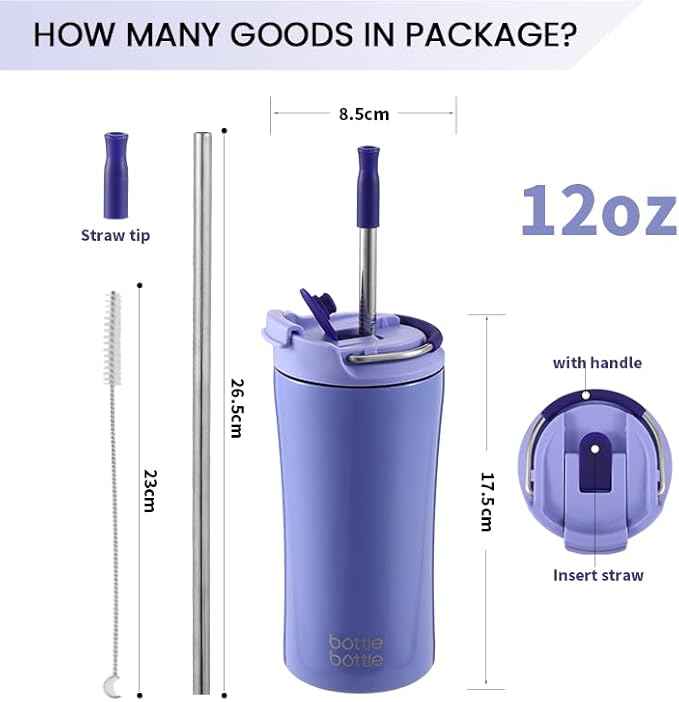 BOTTLE BOTTLE Coffee Tumbler with Dual-use Lid and Straw Double Walled Iced Travel Coffee Mug for Woman and Man 12 oz Stainless Steel Insulated Tumbler with Handle (purple)