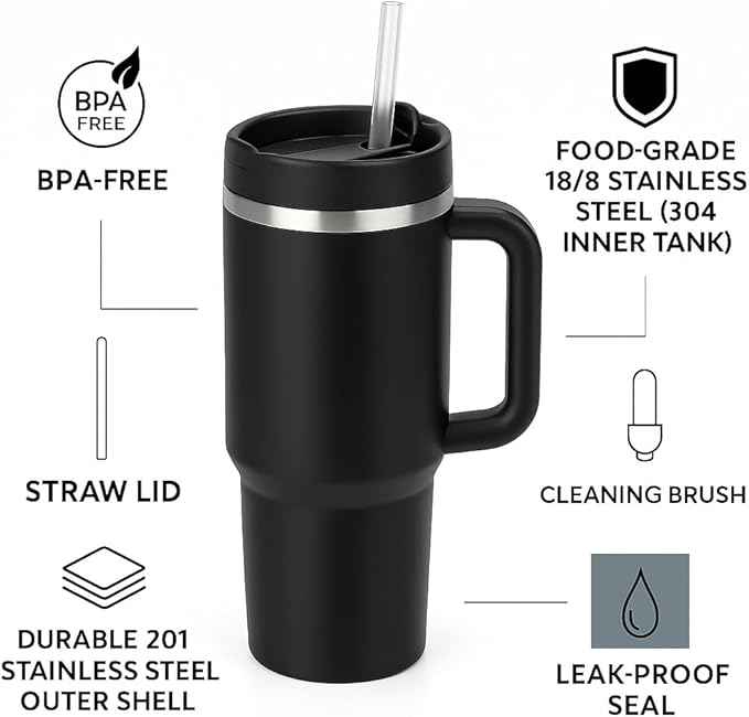 40 oz Tumbler with Handle and Straw | Insulated Stainless Steel Travel Mug with Leak Proof Lid | Cup Holder Friendly | BPA Free | Keeps Cold 12 Hours Hot 8 Hours