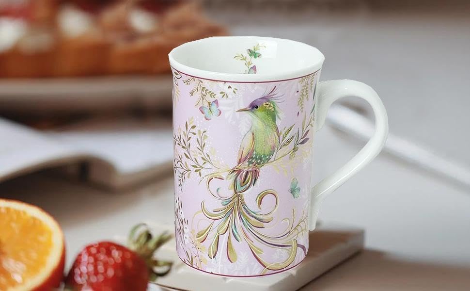 Lightahead Elegant Bone China Two Coffee Mugs Set in Bird Design 10.8 oz Each Cup in Attractive Gift Box
