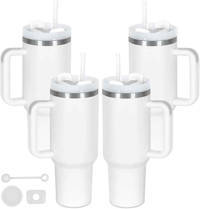 4 Pack 40 Oz Tumbler with Handle Bulk, Double Wall Vacuum Insulated Stainless Steel Tumbler with Lid and Straw, 40 oz cup with Silicone Spill Proof Stopper Set (White)