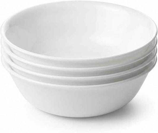 Corelle 4-Pc Meal Bowls Set Service for 4, Durable and Eco-Friendly 9-1/4-Inch Glass Bowls, Compact Stack Bowl Set, Microwave and Dishwasher Safe, White, 46 Ounces