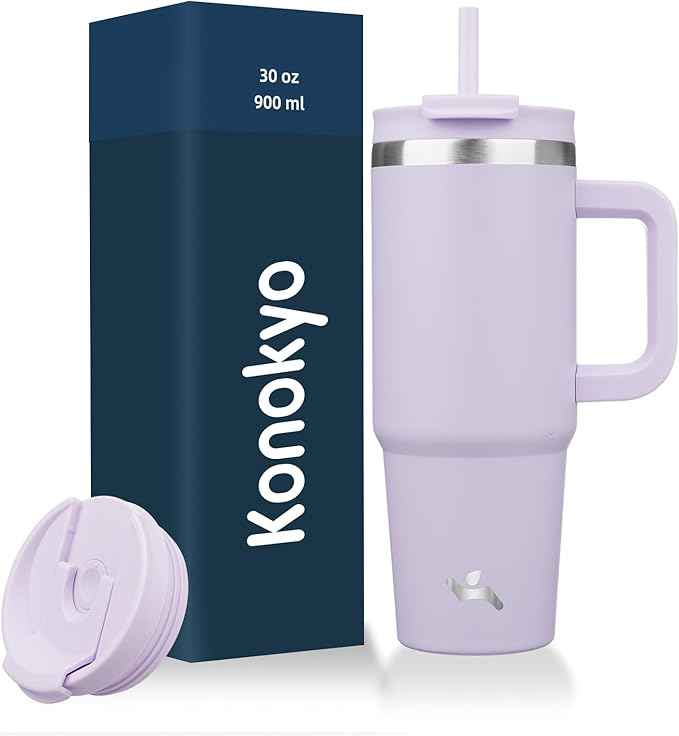 Konokyo 30 oz Tumbler with Handle and 2 Straws,2 in 1 Lid Insulated Water Bottle Stainless Steel Travel Coffee Mug,Wisteria