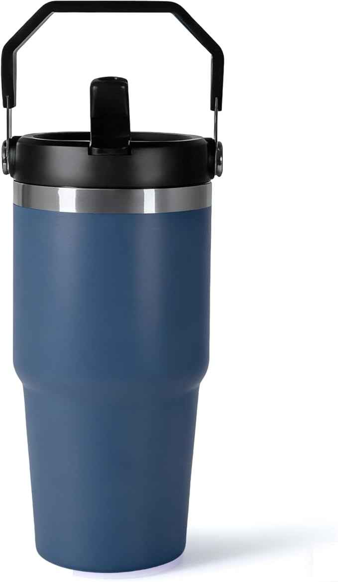 20 oz Tumbler with Handle, Insulated Tumbler with Lid and Flip Straw Leak Proof Double Wall Stainless Steel Vacuum Travel Coffee Mug Insulated Water Bottle Thermal Cup, Cupholder Friendly, Navy