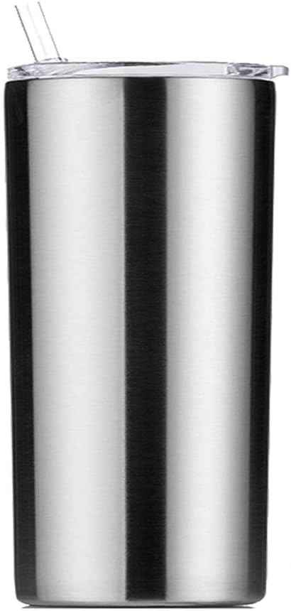 Double Wall 18/8 Stainless Steel Vacuum slim skinny tumbler with straw and lid, insulated travel mug keeping beverage cold and warm (Stainless steel, 12oz)