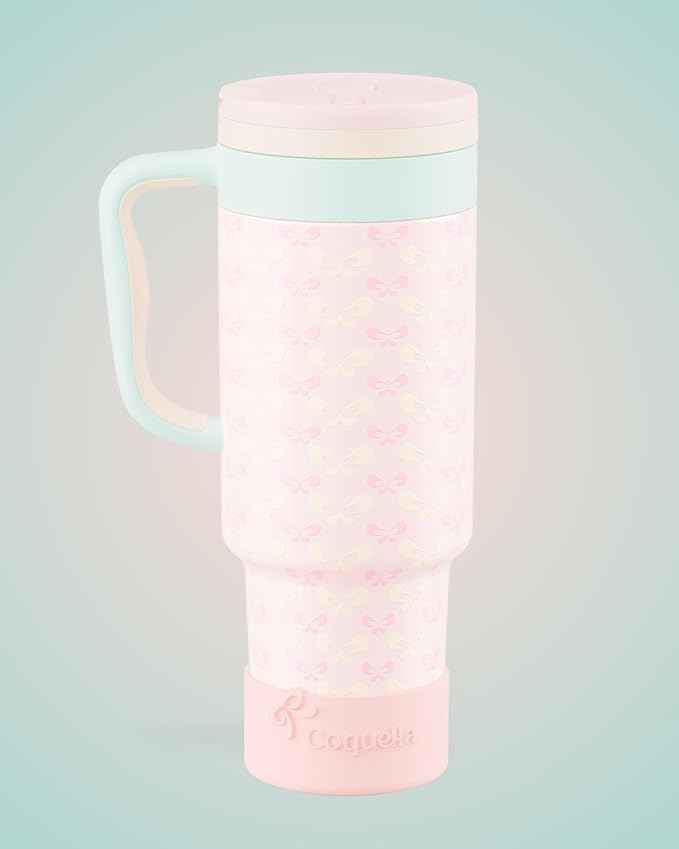 40 oz Insulated Tumbler with Handle and Push-Button Straw Lid, Stainless Steel Travel Cup for Gym Office, Leakproof, BPA-Free, Cup Holder Friendly, Bow Silicone Boot, Pink (Coquette Bloom)