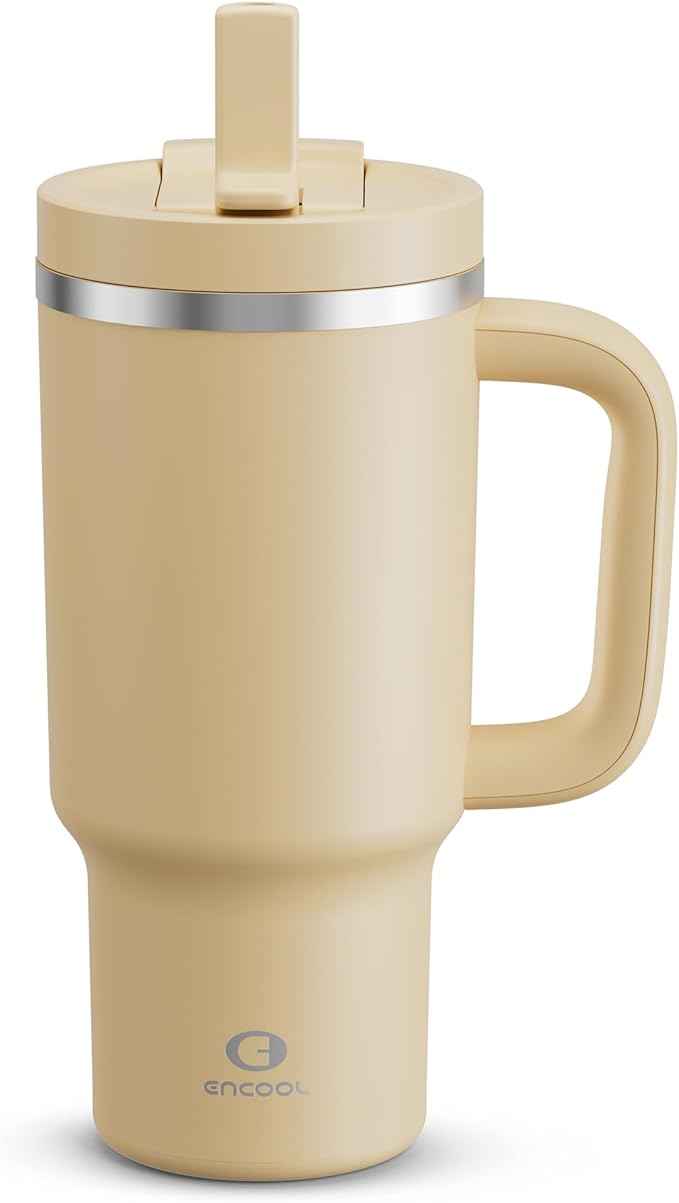 ENCOOL 32 oz Tumbler with Handle and Straw: Stainless Steel Insulated Tumbler Keeps Cold for 24 Hours, Leakproof Travel Cup Fits in Cup Holder and BPA-Free, Indian Khaki