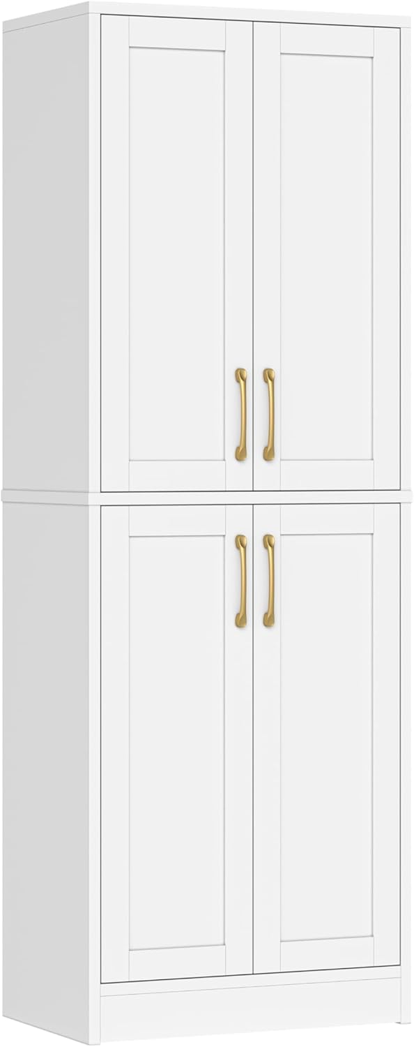 Pantry - Kitchen Pantry Cabinet with 4 Doors and Adjustable Shelves, Tall Black Cabinet Freestanding Storage Cupboard for Dining Room Living Room, Laundry, Bathroom (White)