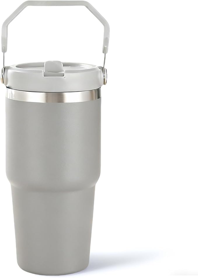20 oz Tumbler with Handle, Insulated Tumbler with Lid and Flip Straw Leak Proof Double Wall Stainless Steel Vacuum Travel Coffee Mug Insulated Water Bottle Thermal Cup, Cupholder Friendly, Grey
