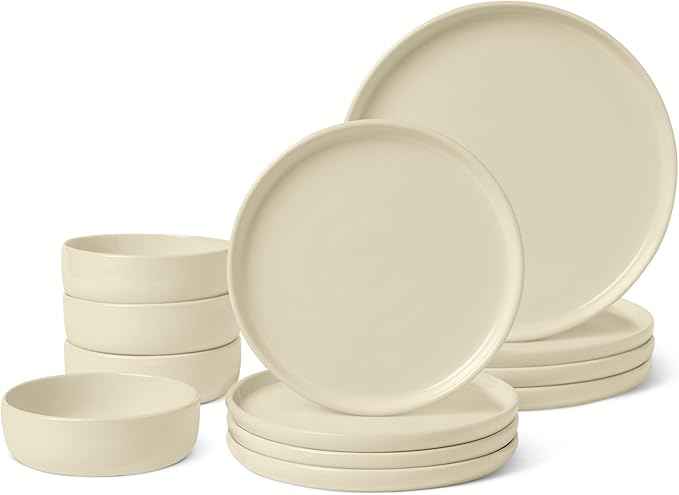 Amazon Basics Glazed Stoneware Dinnerware Set, Ceramic, Dishwasher-Safe, Freezer-Safe, 4 Full Place Settings, 12-Piece, Ivory