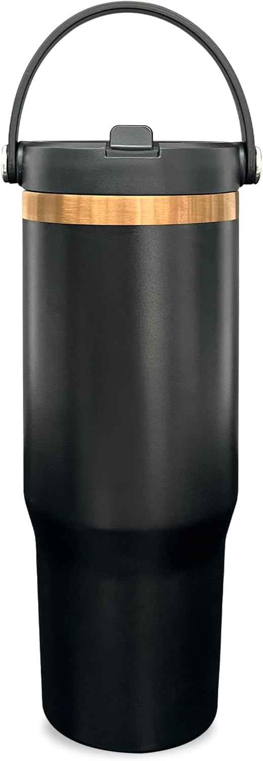 30 oz Tumbler with Handle and Straw, Vacuum Insulated Tumblers with Flip Straw and Top Handle, Leakproof Powder Coated Tumbler, Stainless Steel Travel Mug for Coffee Water (Black, 1 Pack)