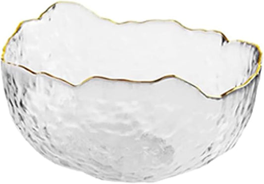 Glass Salad Bowl Irregular Lotus Flower Shape Serving Bowls, Mixing Nut Bowls for Kitchen Fruist, Snack, Dessert, and Ice Cream Candy Dishes (Crystal Clear with Gold Rim, 4.9")