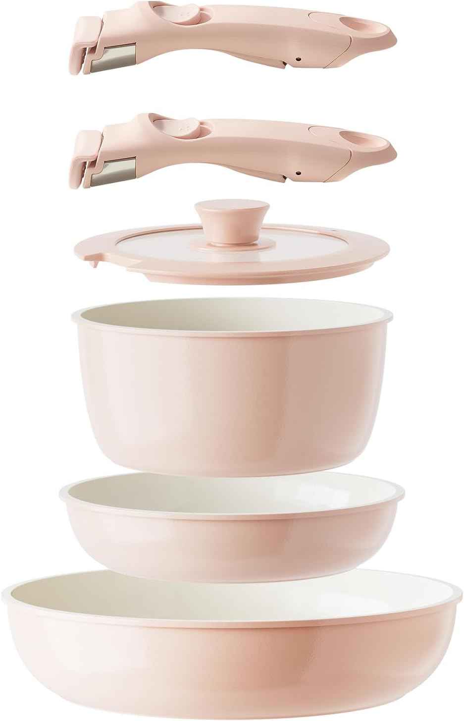 Ceramic Pots and Pans Set Non Stick, Nonstick Kitchen Cookware Sets, Non Toxic Pots and Pans Set Non Stick, PFAS PFOA & PTFE Free, Detachable Handle Pots and Pans 6 Piece, RV Cookware (Pink)