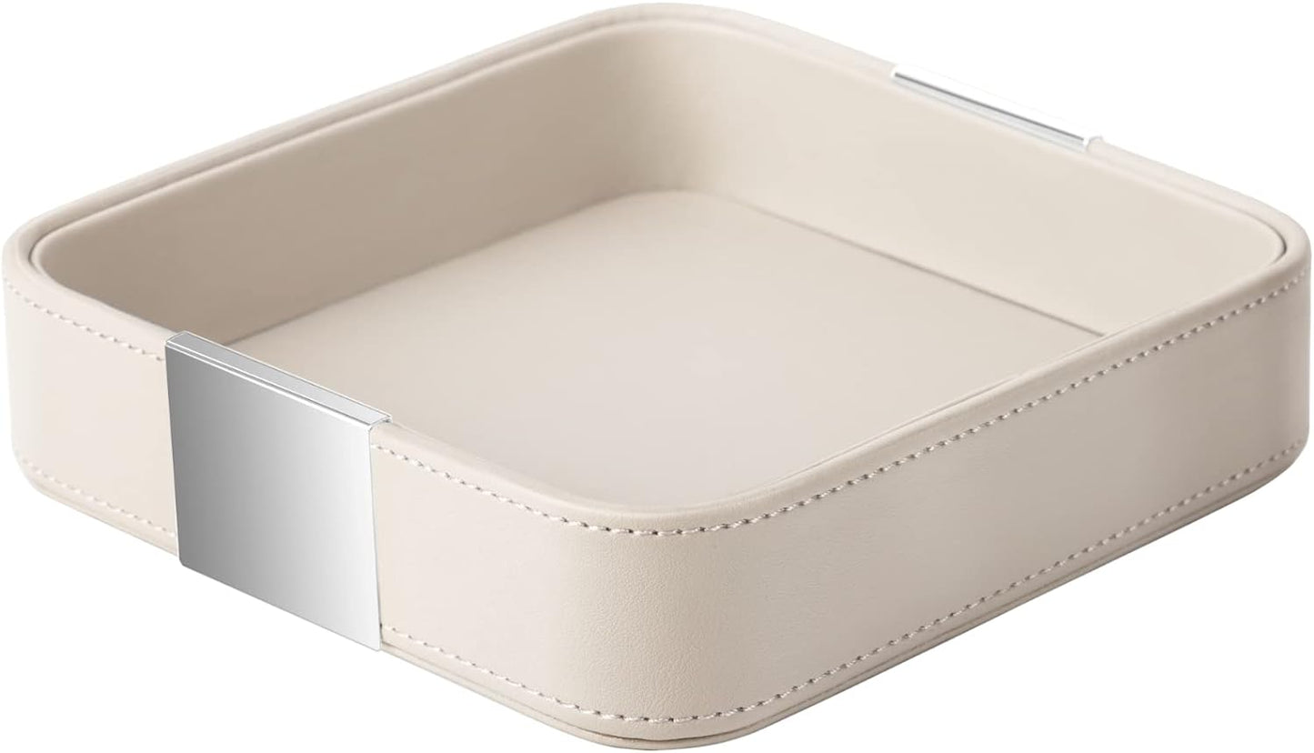 SANZIE Luxury Leather Desktop Storage Small Catchall Organizer Decorative Tray for Entryway Table to Hold Jewelry Watch Cosmetics Keys Phone Wallet, Home & Office Accessories (Metal Silvered, Grey)
