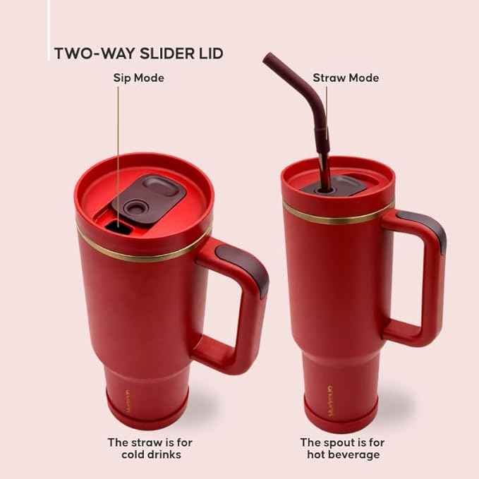 40oz Travel Tumbler Cup with Handle, Two-Way Slider Lid, Stainless Steel Straw with Silicone Tip, Vacuum Insulated Water Bottle for Hot & Cold Drinks, Great Gifts for Mom (Red Gold)