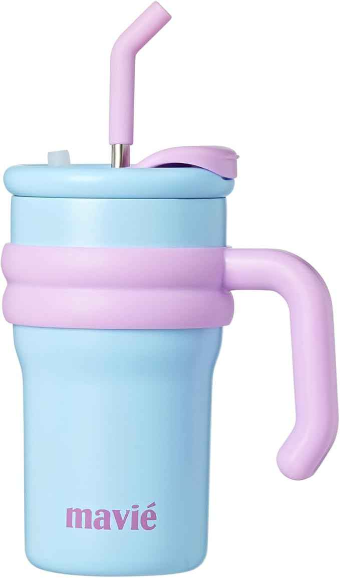 17oz Tumbler With Handle & Metal Straw + Silicone Cover & Sip Spout, Double Insulated Stainless Steel Water Bottle With Rubber Base, Leakproof, Cup Holder Friendly Travel Coffee Mug (Blue)
