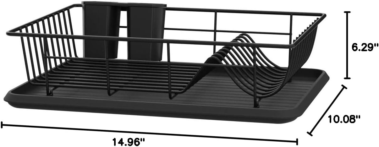 GSlife Small Dish Drying Rack for Kitchen Counter with Drainboard - Compact Dish Drainer for RV, Camper and Apartment, Rust-Resistant Wire Rack with Utensil Holder, 15"L x 10"W, Black