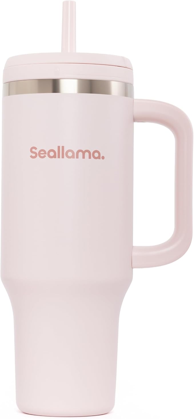 Seallama. Tumbler with Handle and Straw 40 oz | Cup Holder Compatible for Travel | Insulated Stainless Steel Cup | BPA-Free | (Pink Mochi)