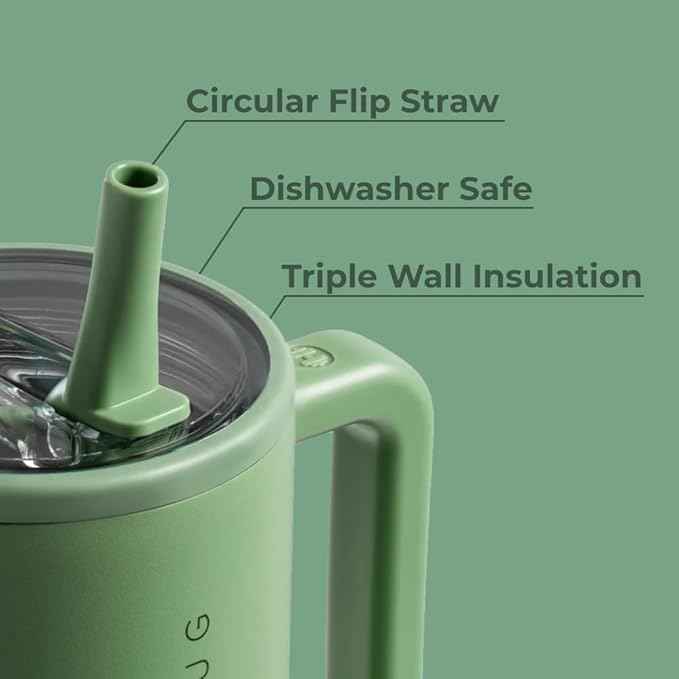 HydroJug Traveler - 32 oz Water Bottle with Handle & Flip Straw - Fits in Cup Holder, Leak Resistant Tumbler-Reusable Insulated Stainless Steel & Rubber Base - Gifts for Women & Men, Sage