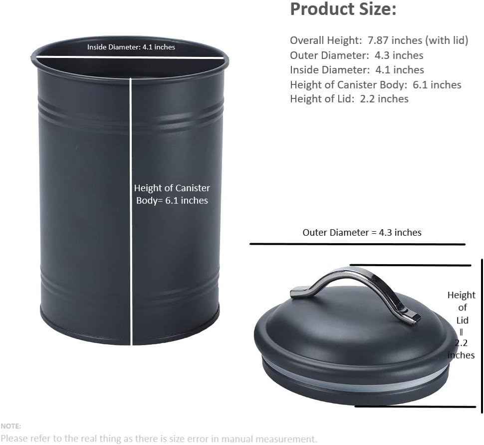 Airtight Kitchen Canister with Lid, Rustic Farmhouse Decor Container for Dry Food Sugar Coffee Tea, Charcoal Gray Metal Countertop Storage Jar (7.87''H x 4.3''Dia.)