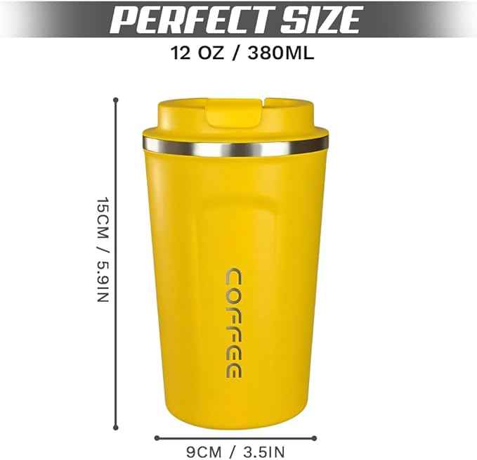 SPLMIFA Travel coffee mugs leak-proof, reusable coffee cup with lid, stainless steel vacuum insulated coffee tumblers, thermal insulation cups for men & women keep drinks hot & cold (2nd-Yellow, 12OZ)