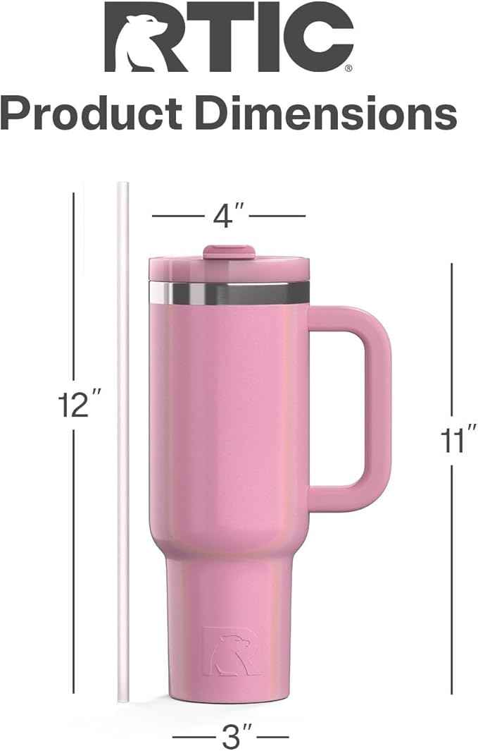RTIC 40 oz Road Trip Tumbler Double-Walled Cermaic Lined Insulated Stainless Steel Portable Travel Coffee Mug Cup with Lid, Handle and Straw, Dusty Rose Glitter